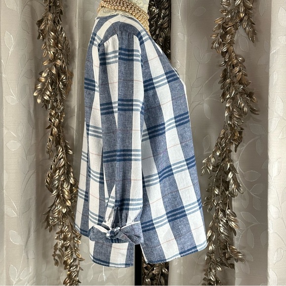 Liz‎ Claiborne Plaid Linen Blend Blouse | M Blue White Tunic Sleeve Tie - Picture 3 of 10